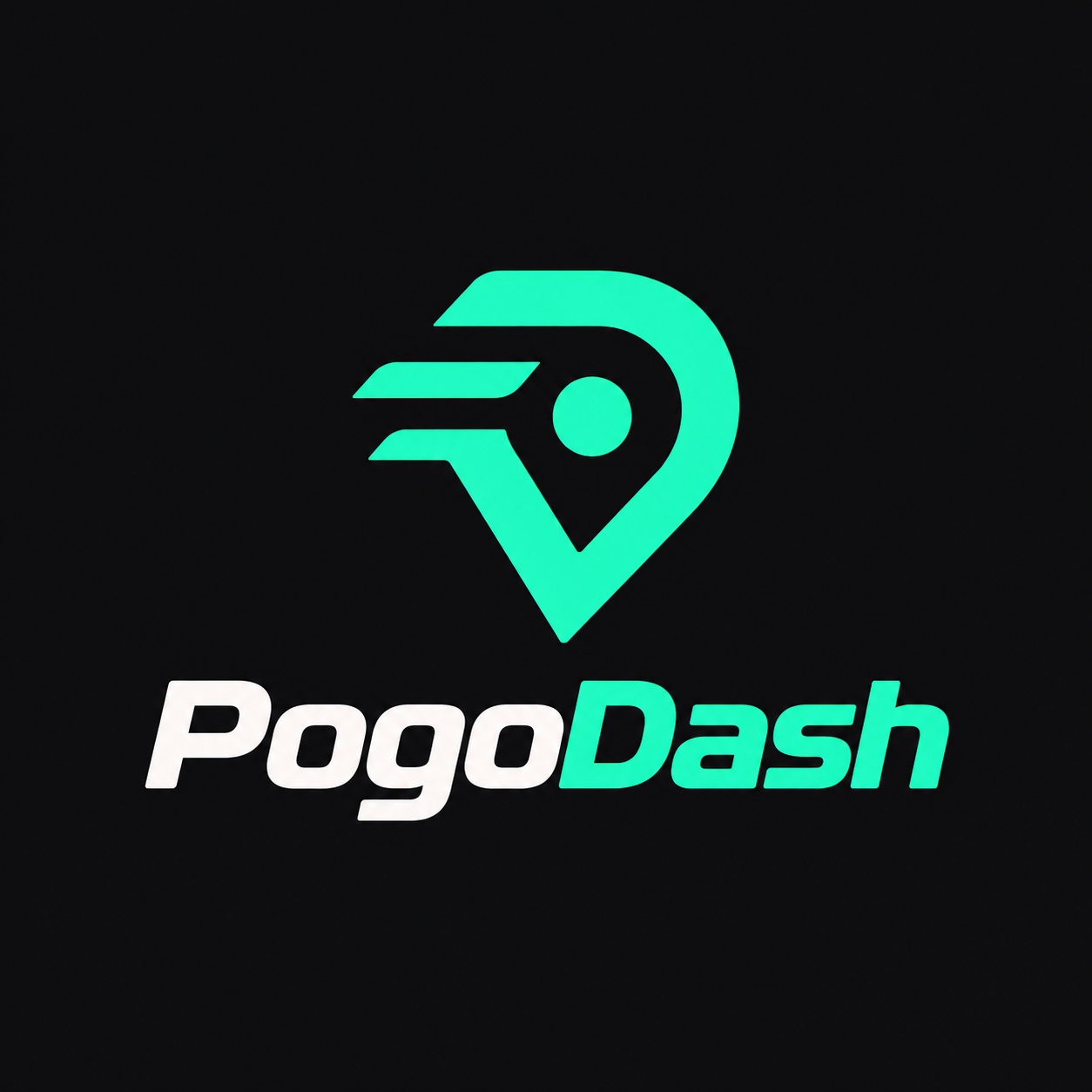 PogoDash logo with a mint location pin and speed lines
